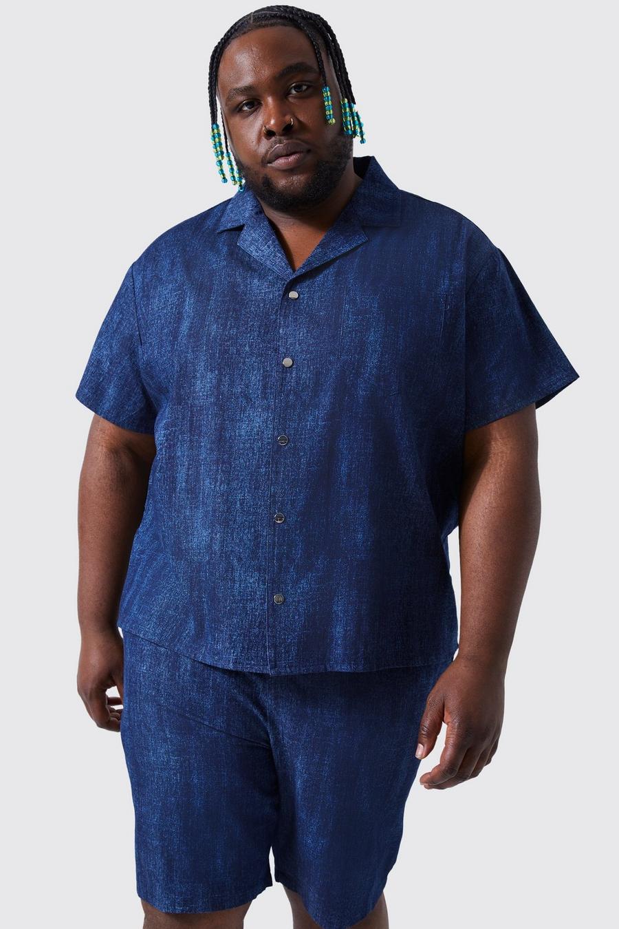 Camicia Plus Size in denim con fantasia in tessuto, Mid blue