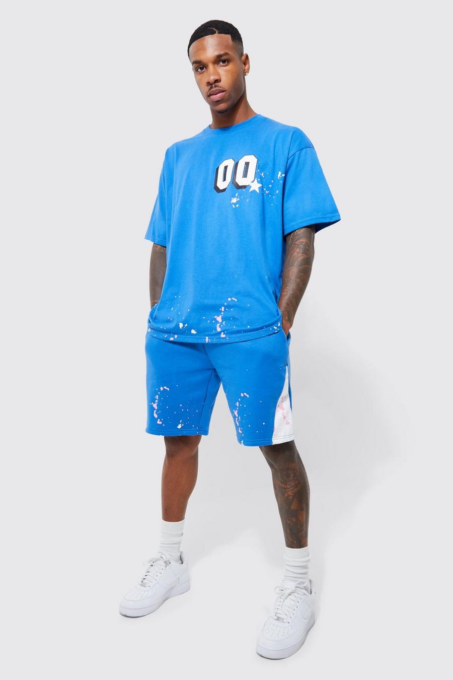 Blue Oversized Paint Splatter T-shirt & Gusset Short