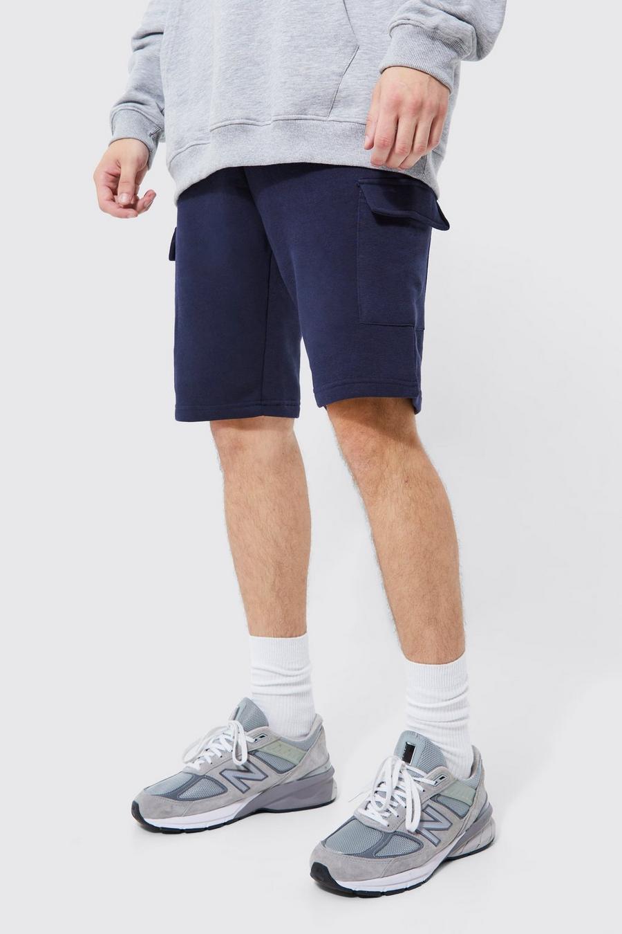 Navy Tall Slim Fit Mid Length Jersey Cargo Short   image number 1