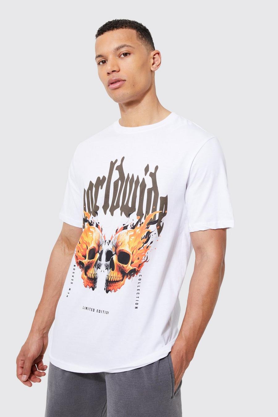 White Tall Worldwide Flame Skull Graphic T-shirt