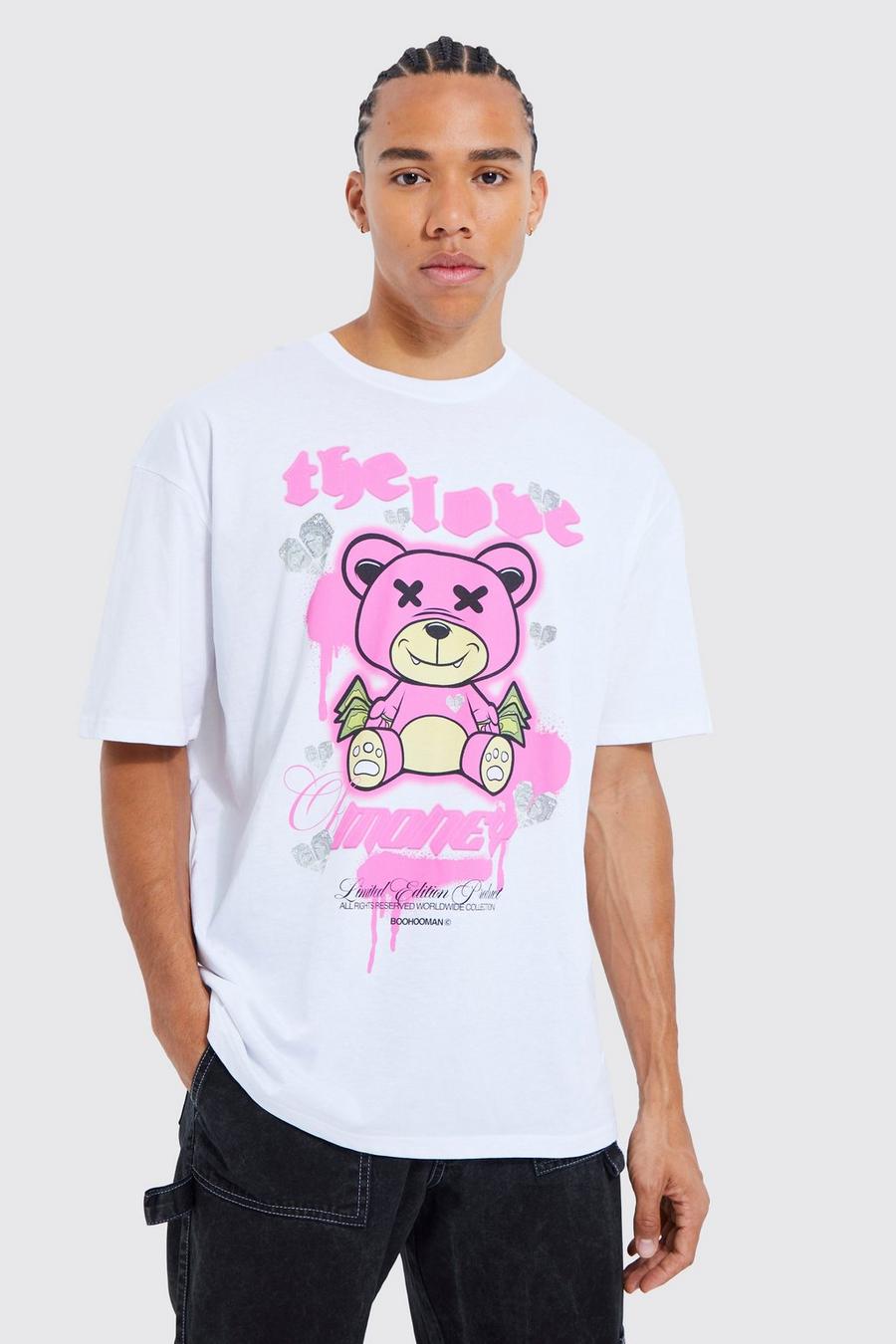 Tall Oversize T-Shirt mit Graffiti Teddy Print, White