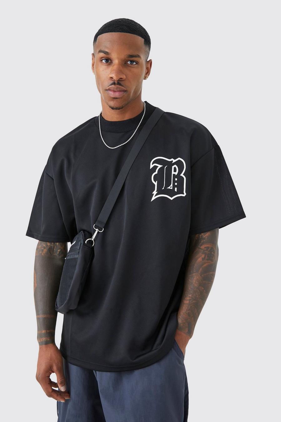 Camiseta oversize de malla con estampado B, Black negro