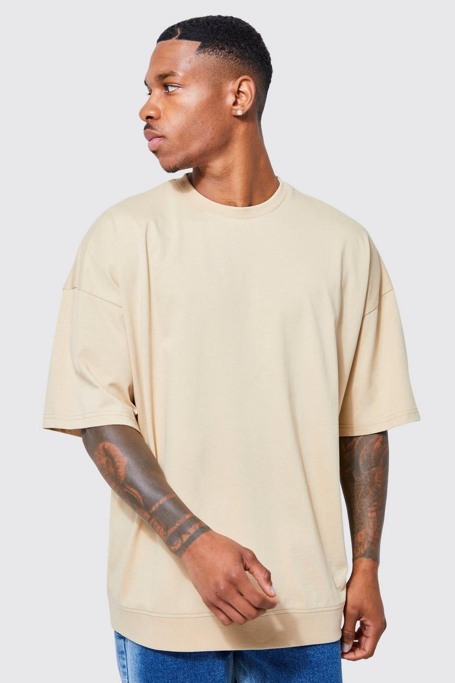 Camiseta oversize con filo de canalé, Stone beige