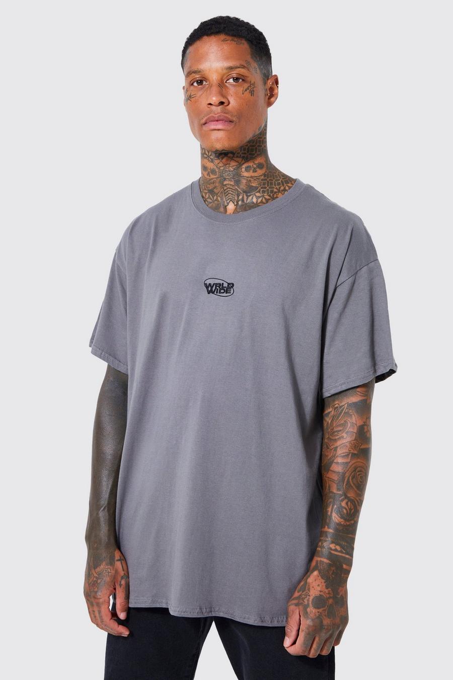 Charcoal Oversized Worldwide Embroidered T-shirt image number 1