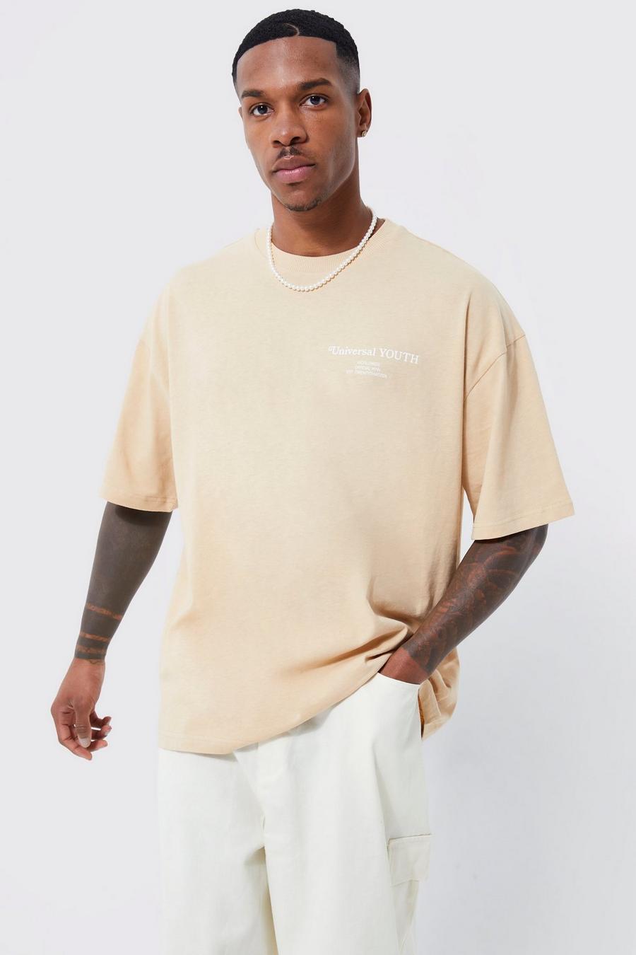 Camiseta oversize drapeada de tela con estampado gráfico, Sand beige