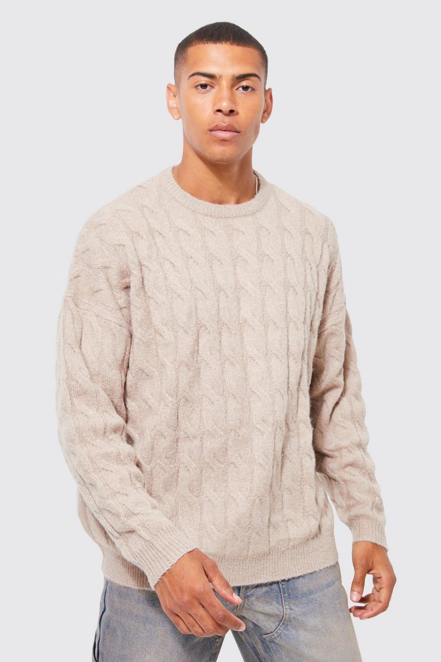 Taupe beige Oversized Cable Brushed Yarn Knitted Jumper 