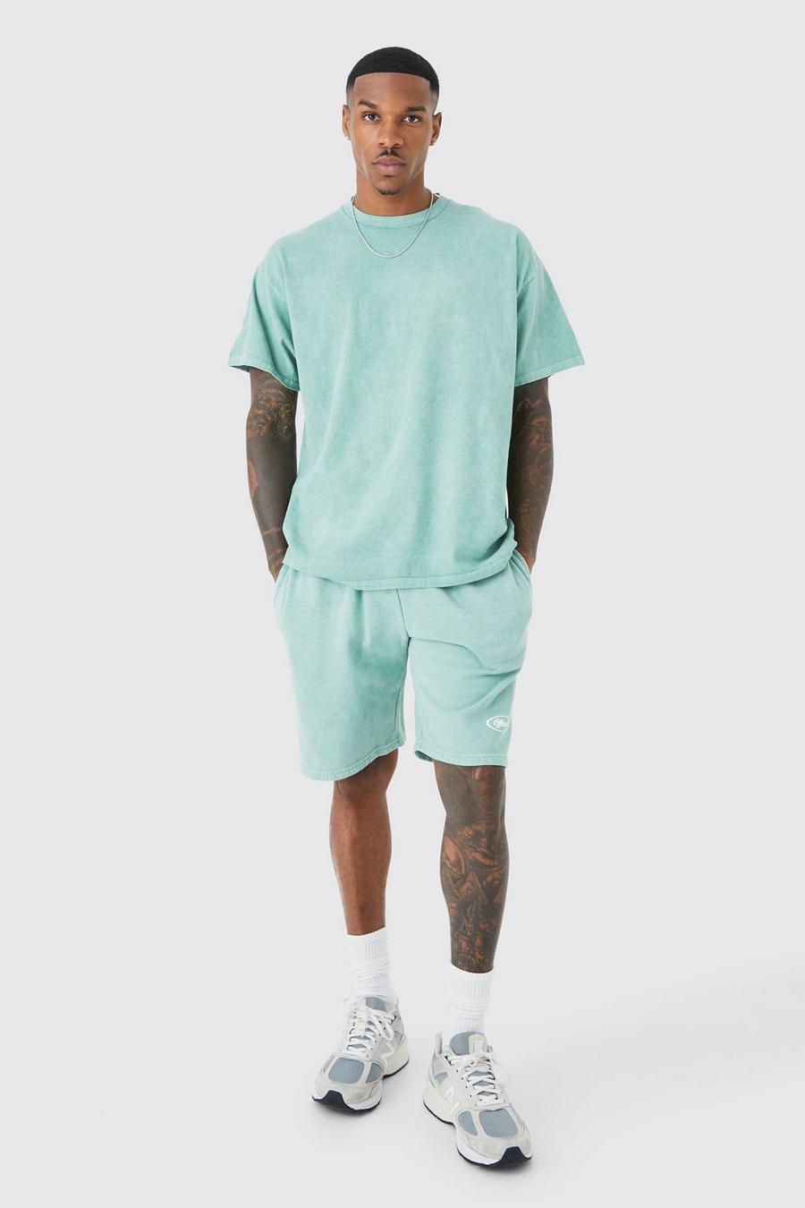 Sage vert Oversized Overdye Set Met T-Shirt Met Reliëf