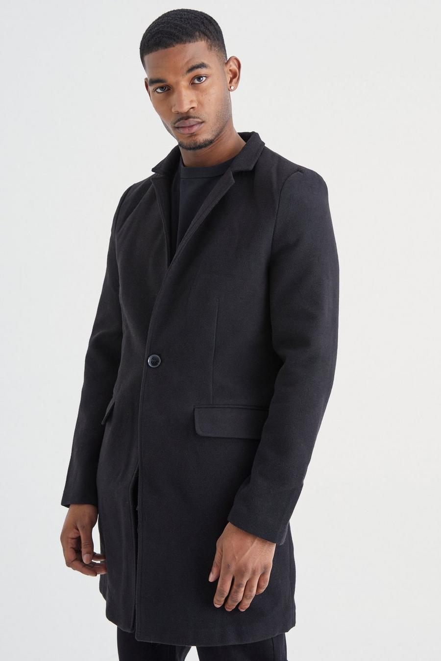 Black svart Tall Notch Collar Smart Overcoat
