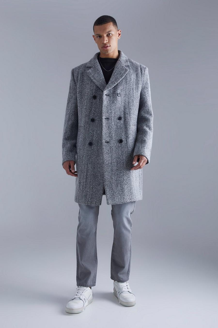 Black Tall Wool Look Herringbone Overcoat