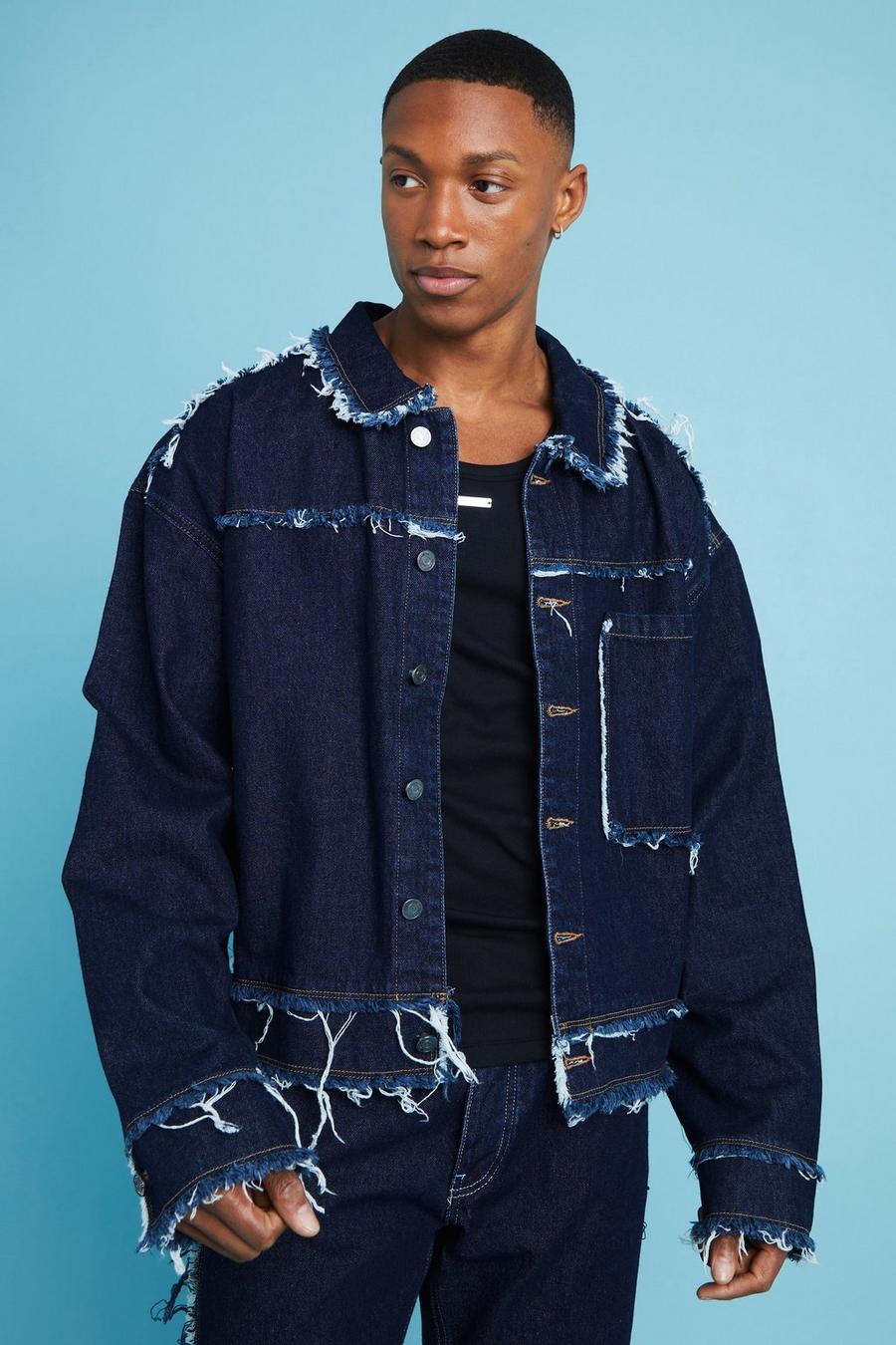 Indigo Boxy Fit Frayed Seam Denim Jacket image number 1