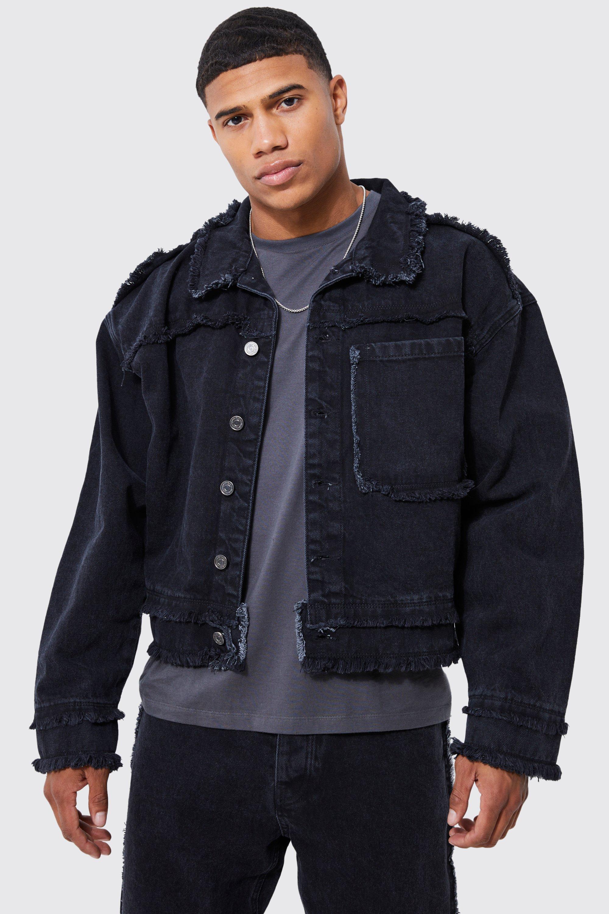 Washed black Boxy Fit Frayed Seam Denim Jacket