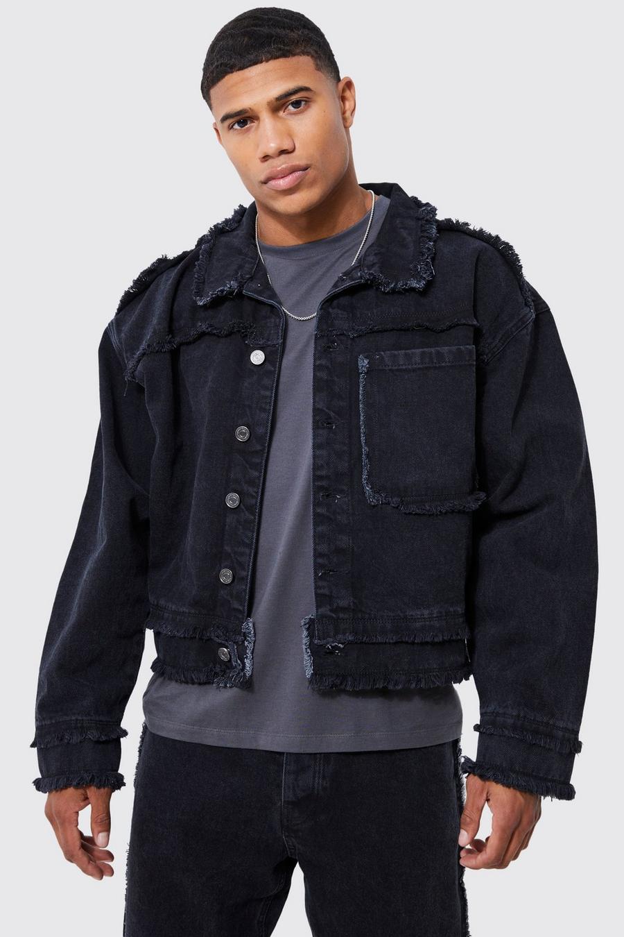 Washed black Boxig jeansjacka med fransig kant image number 1