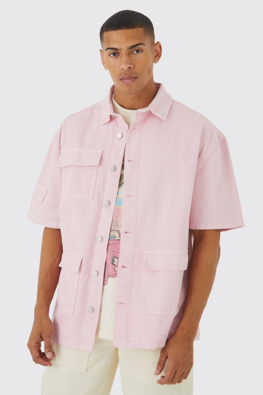 Camisa recta vaquera cargo sobreteñida, Pale pink image number 1