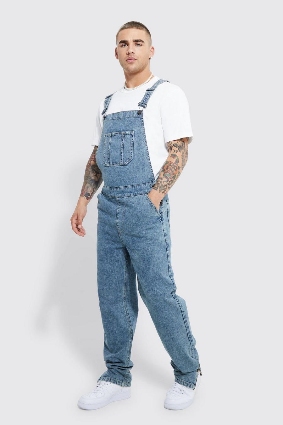 Antique wash blå Relaxed Fit Dungarees With Zip Hem