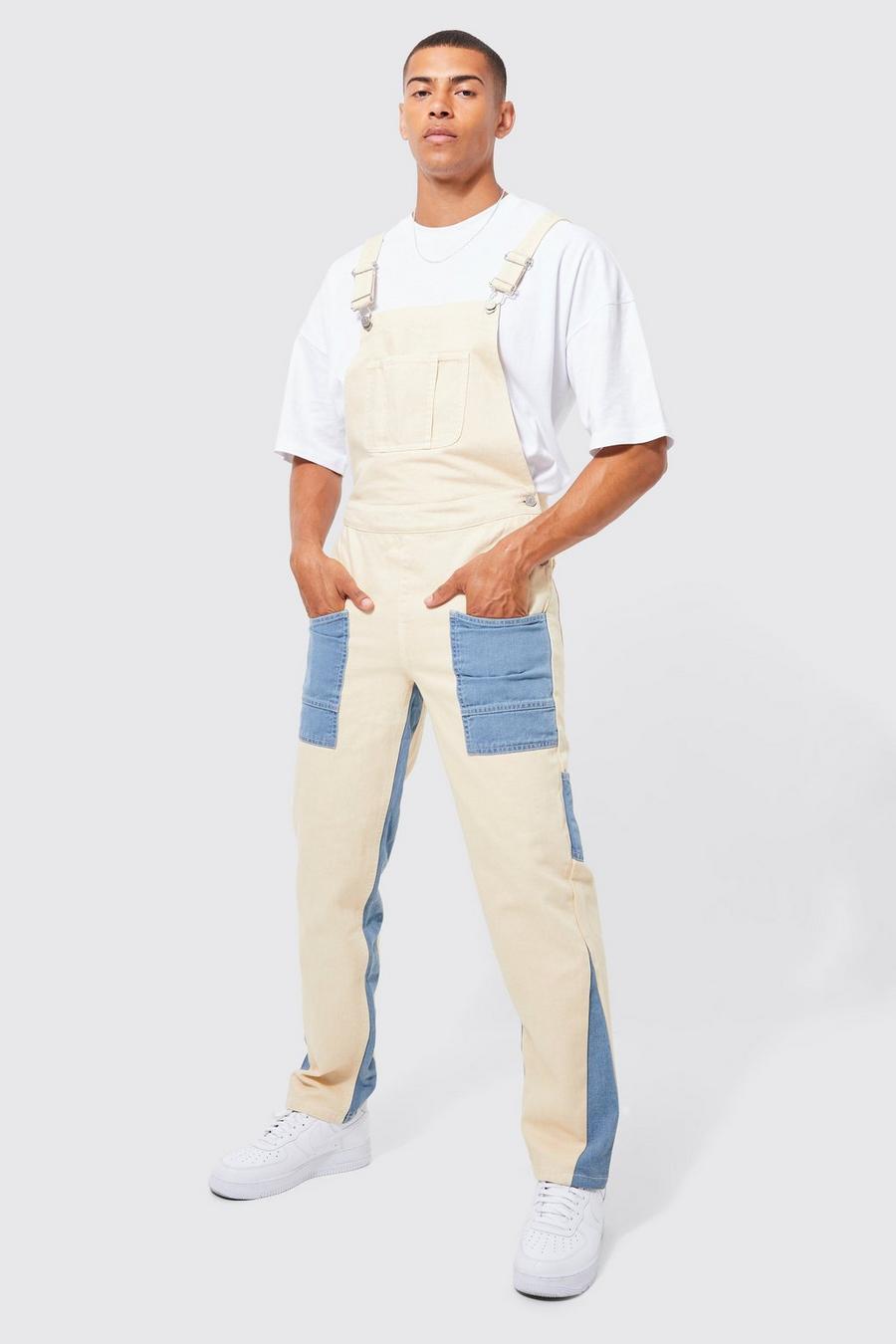 Stone Relaxed Fit Overdye Panel Dungarees image number 1