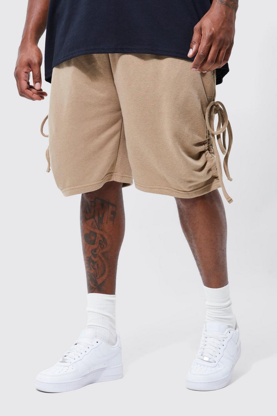 Pantalón corto Plus holgado de tela jersey con lateral fruncido, Sand beis