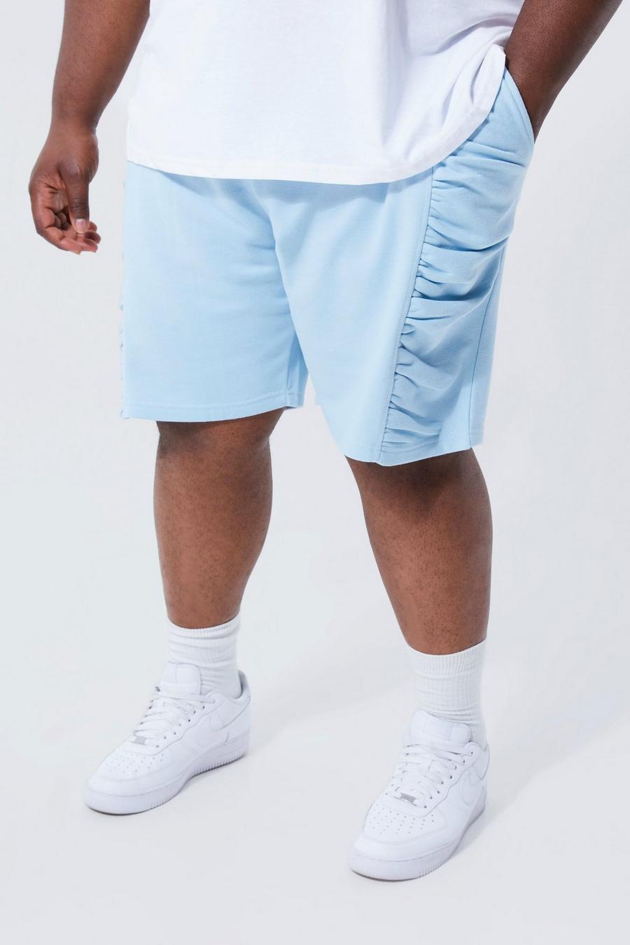Pantalón corto Plus holgado de tela jersey fruncido con alforza, Light blue azul