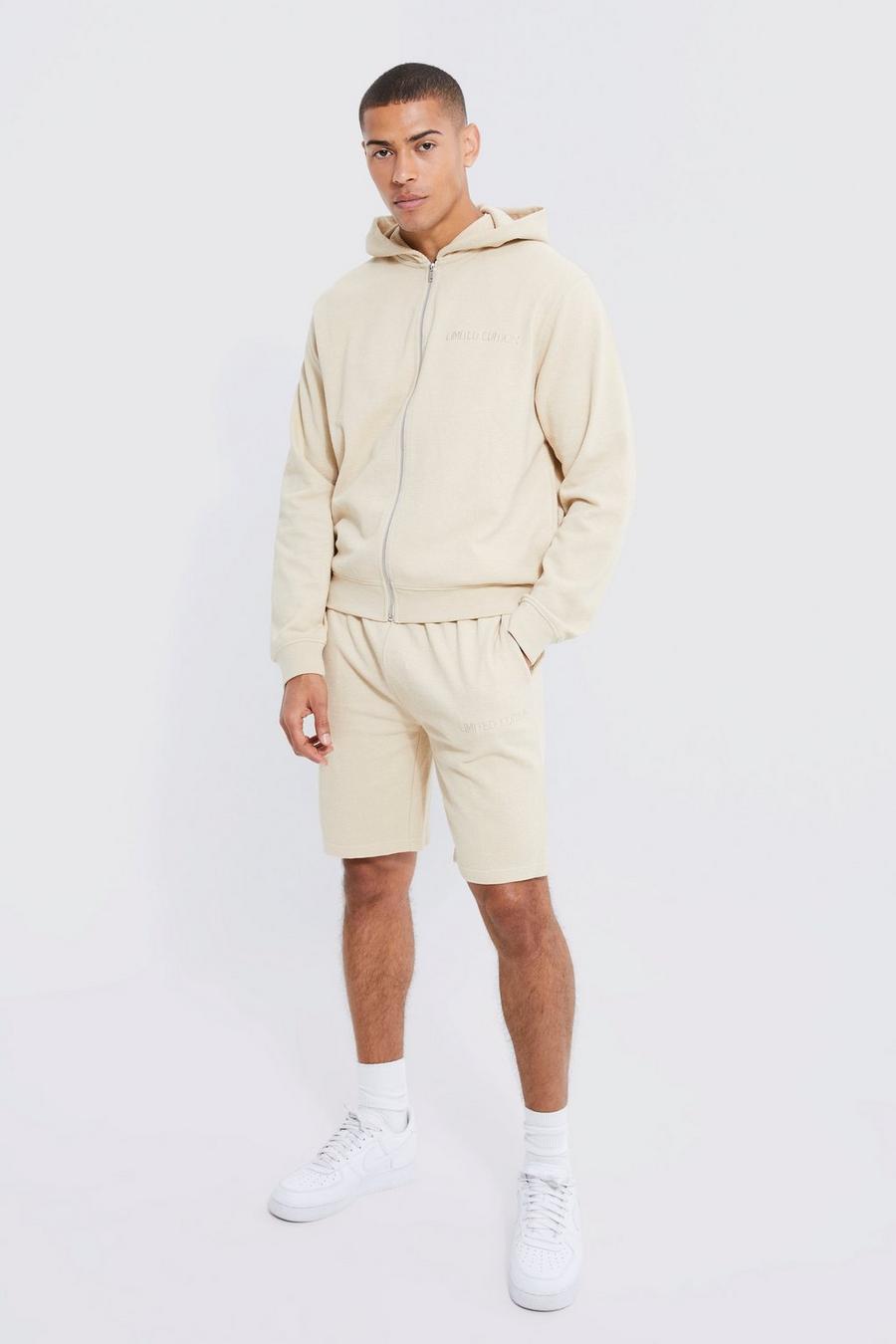 Taupe beige Boxy Zip Through Pique Hooded Short Tracksuit