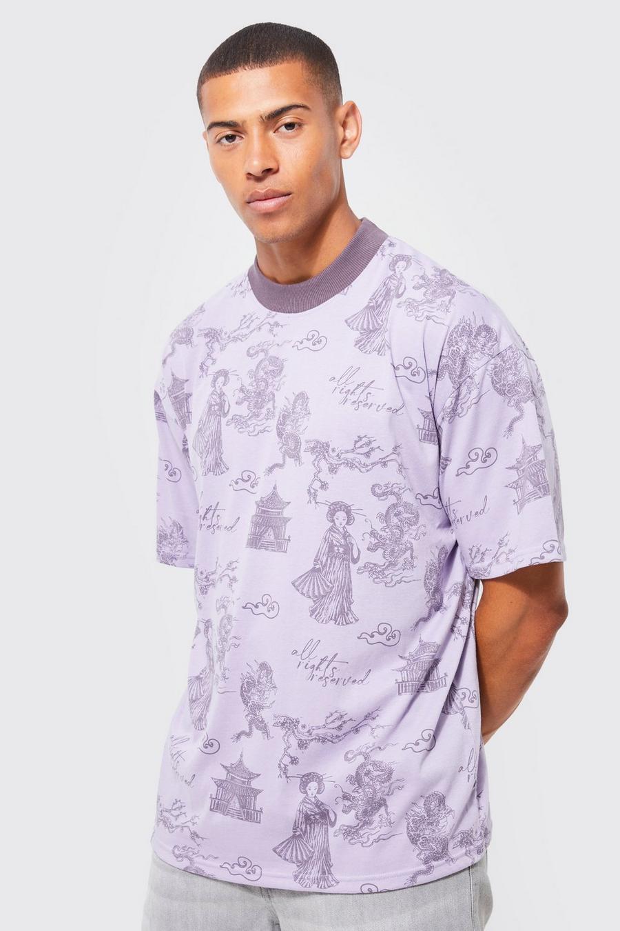 Lilac purple Oversized Contrast Neck Dragon Graphic T-shirt