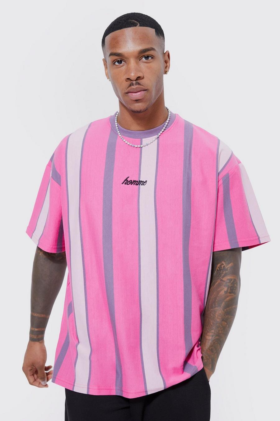 Pink Oversized Verticaal Gestreept Homme T-Shirt