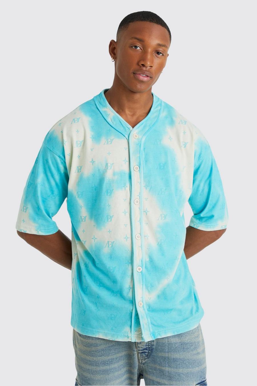 Camisa oversize de tela jersey con desteñido anudado y estampado de béisbol, Aqua image number 1