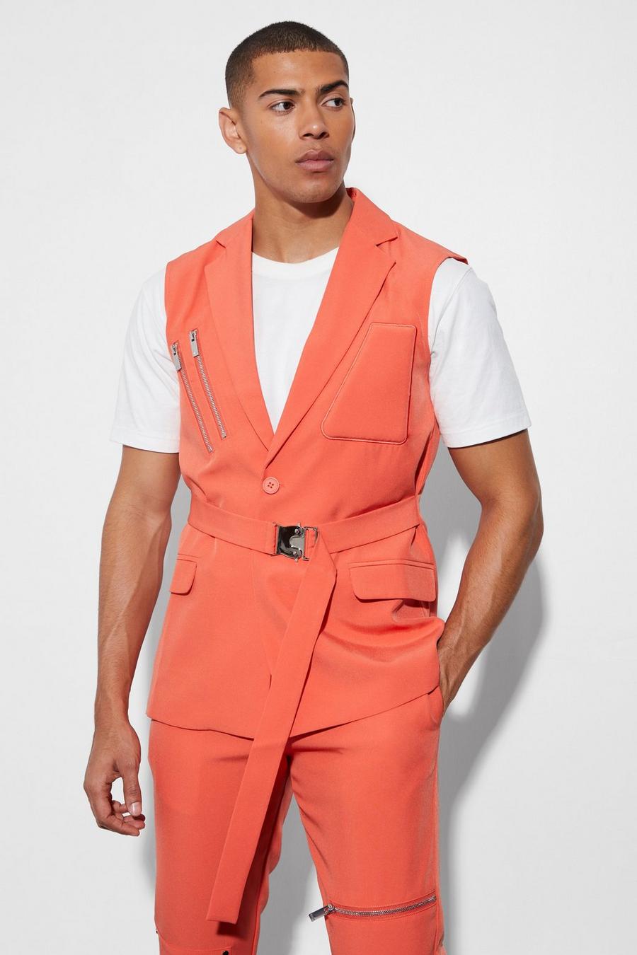 Orange Single Breasted Sleeveless Suit Jacket image number 1