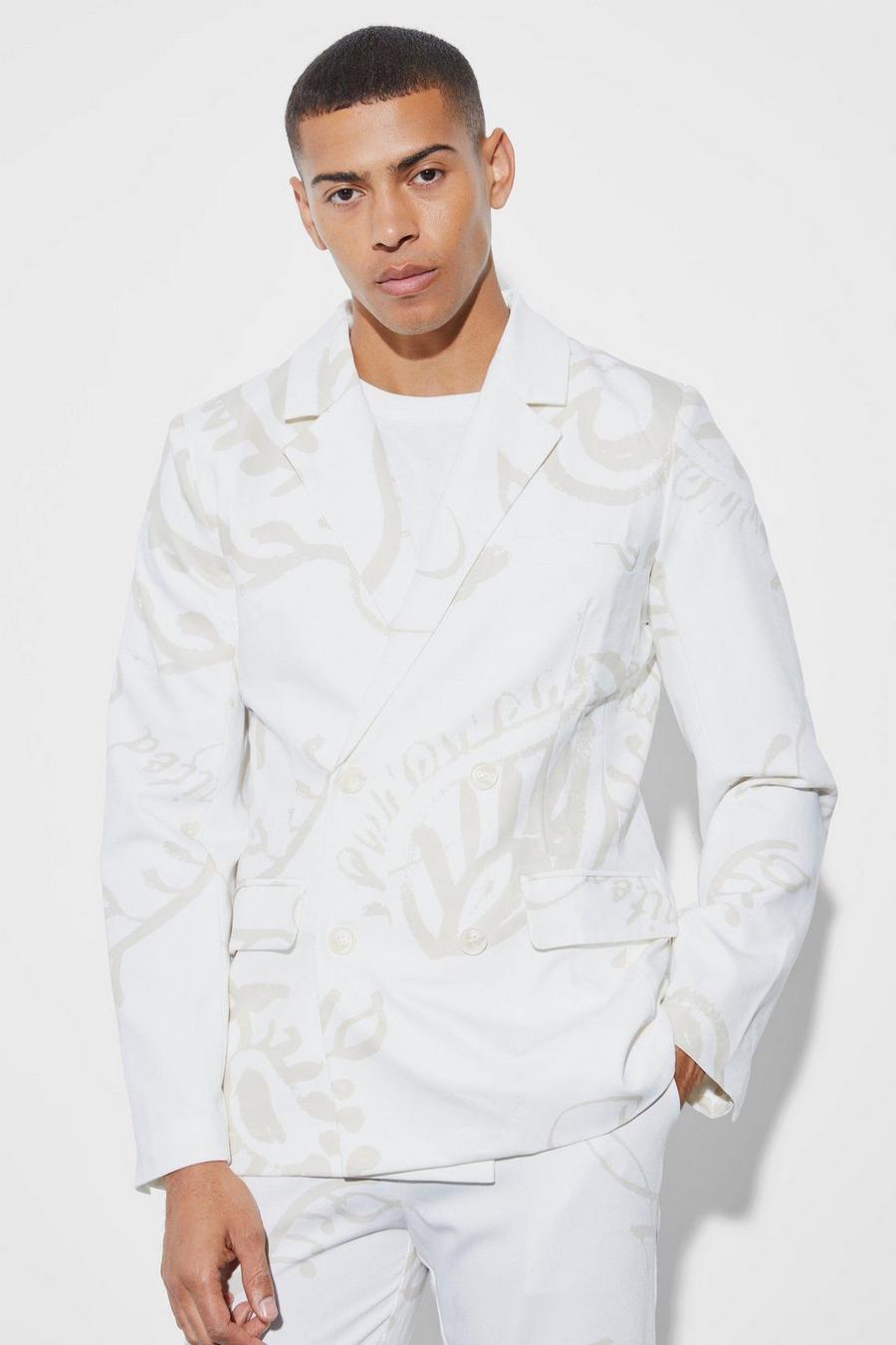 Ecru Slim Double Breasted Paisley Suit Jacket image number 1