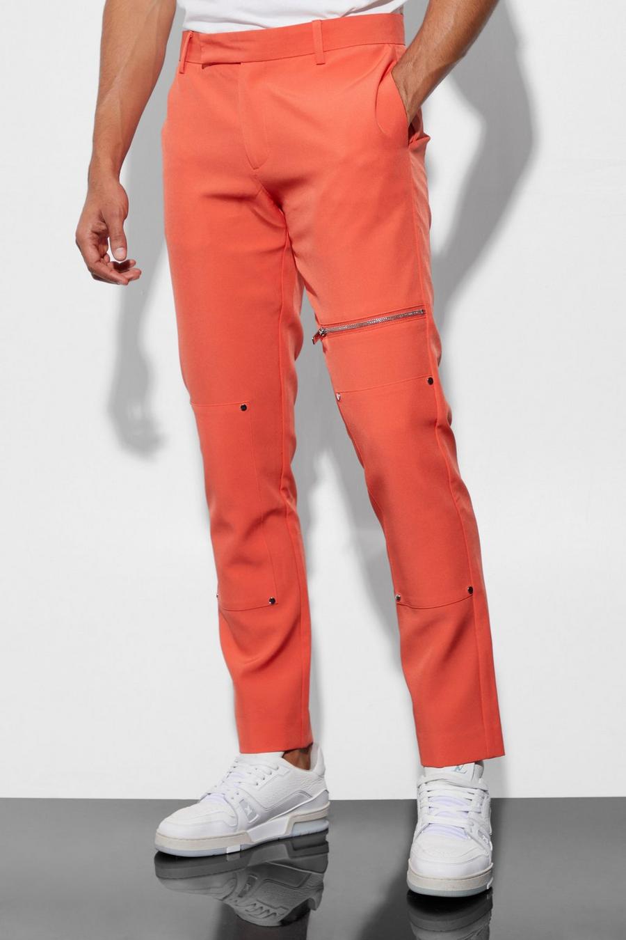 Orange Kostymbyxor i skinny fit med dragkedjor image number 1