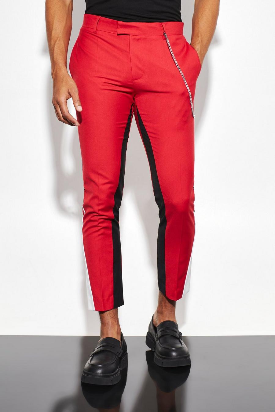 Red Skinny Crop Colourblock Suit Trousers