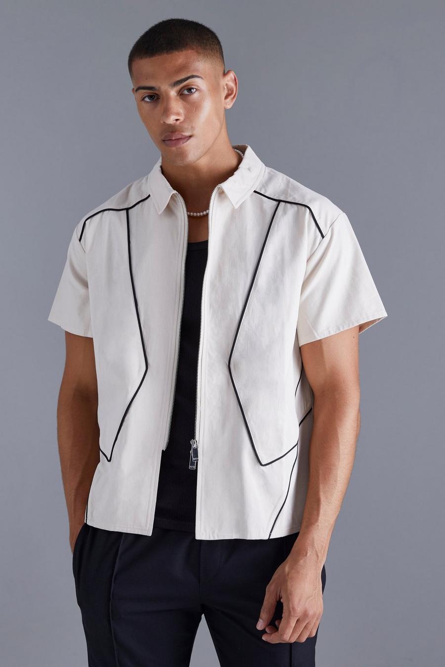 Stone Short Sleeve Boxy Piped Zip Shirt image number 1