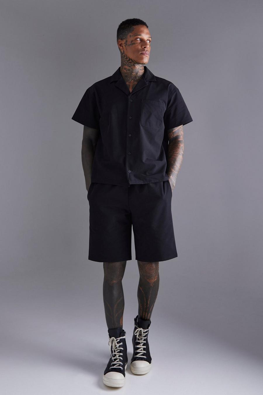 Black Short Sleeve Revere Boxy Technical Shirt & Short Set