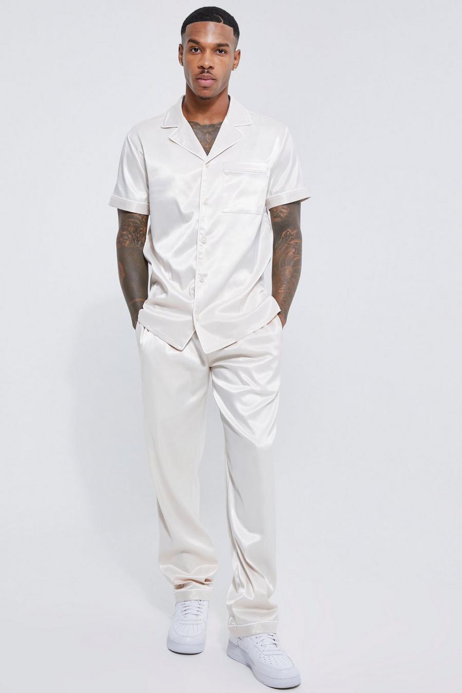 Men's Short Sleeve Revere Satin Shirt & Straight Trouser Set | Boohoo UK