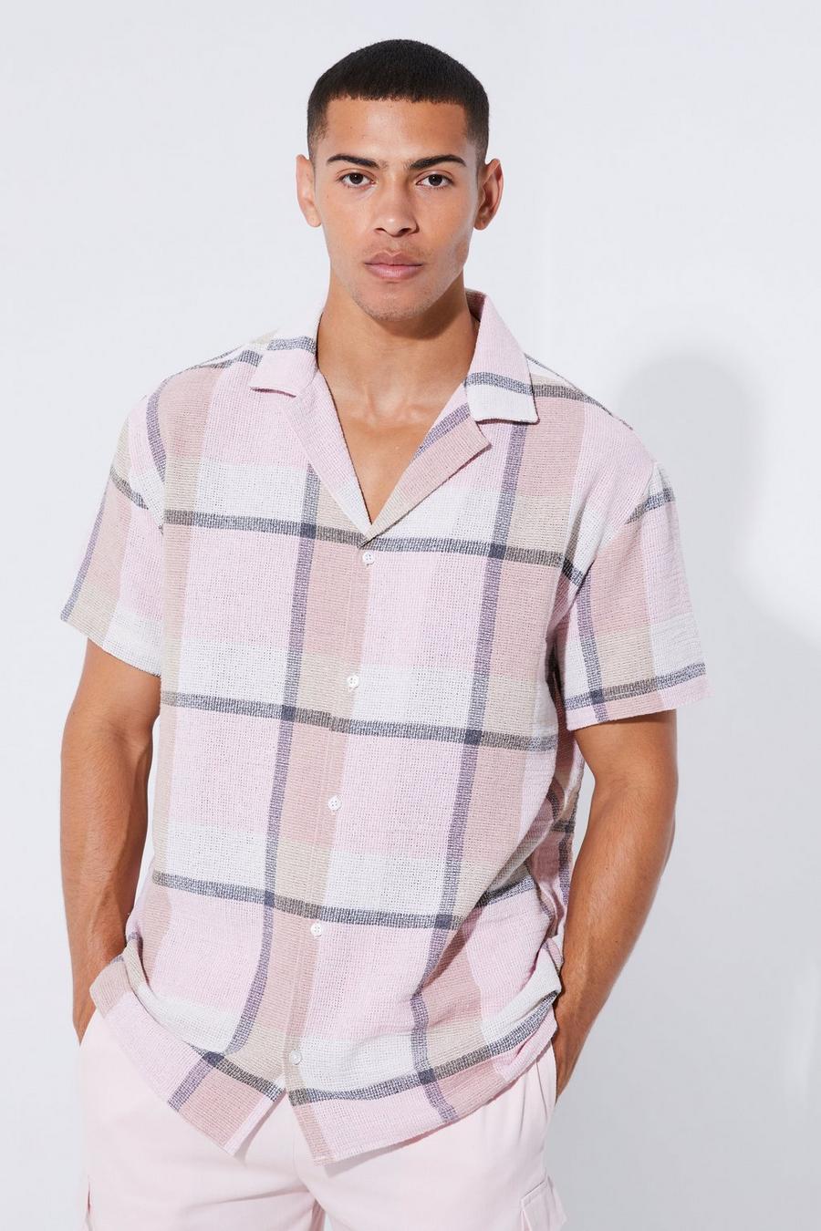 Pink Short Sleeved Oversized Check Linen Look Shirt image number 1