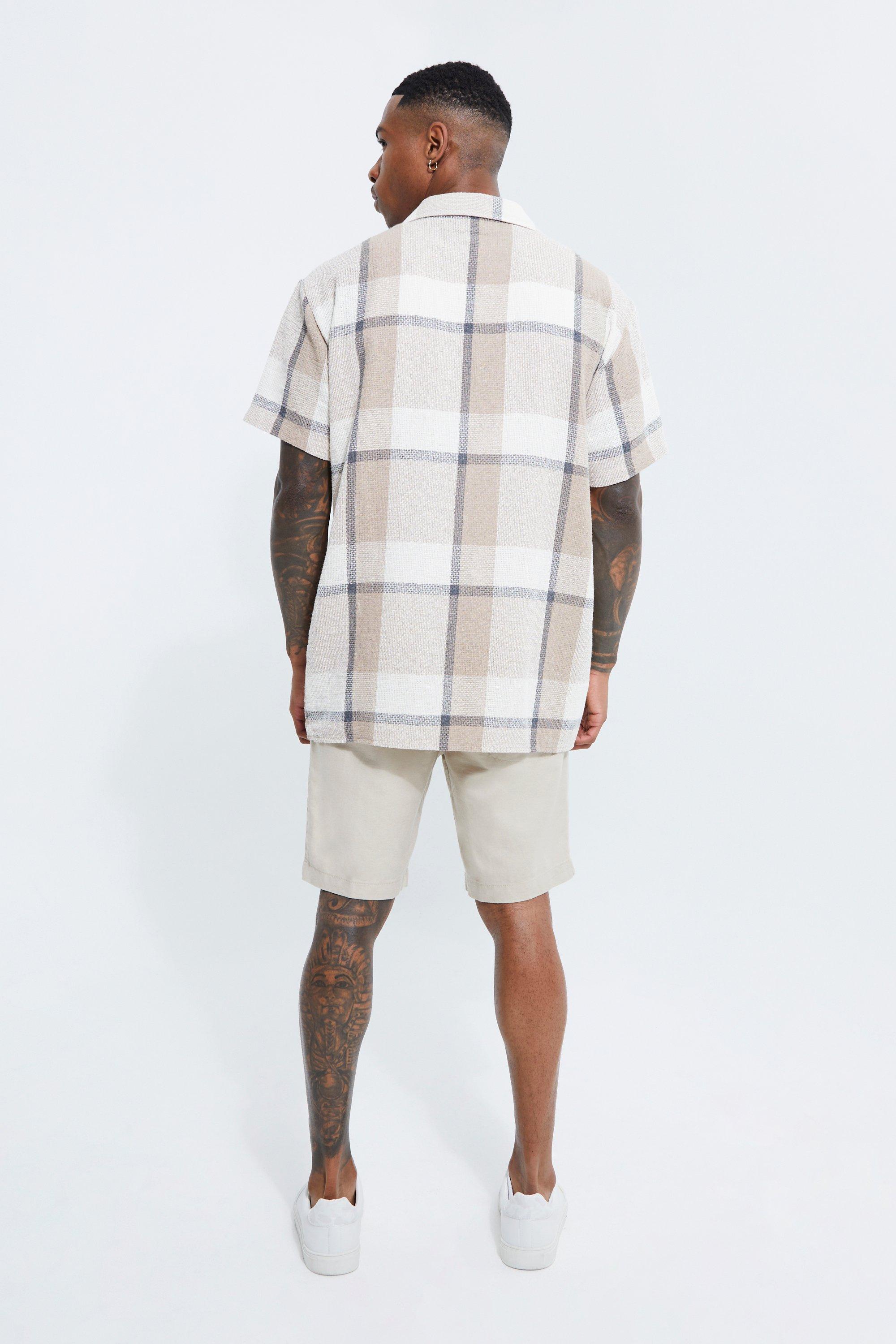 Short Sleeved Oversized Check Linen Shirt | boohoo