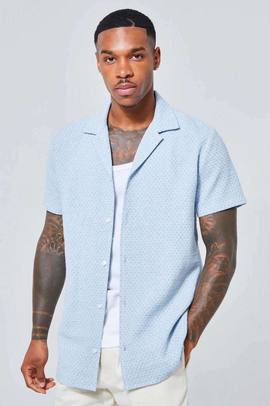 Blue Kortärmad mönstrad skjorta i linnetyg med bowlingkrage image number 1