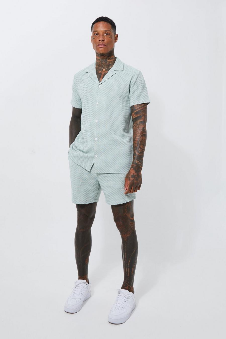 Sage grön Short Sleeve Revere Geo Linen Look Shirt & Short Set