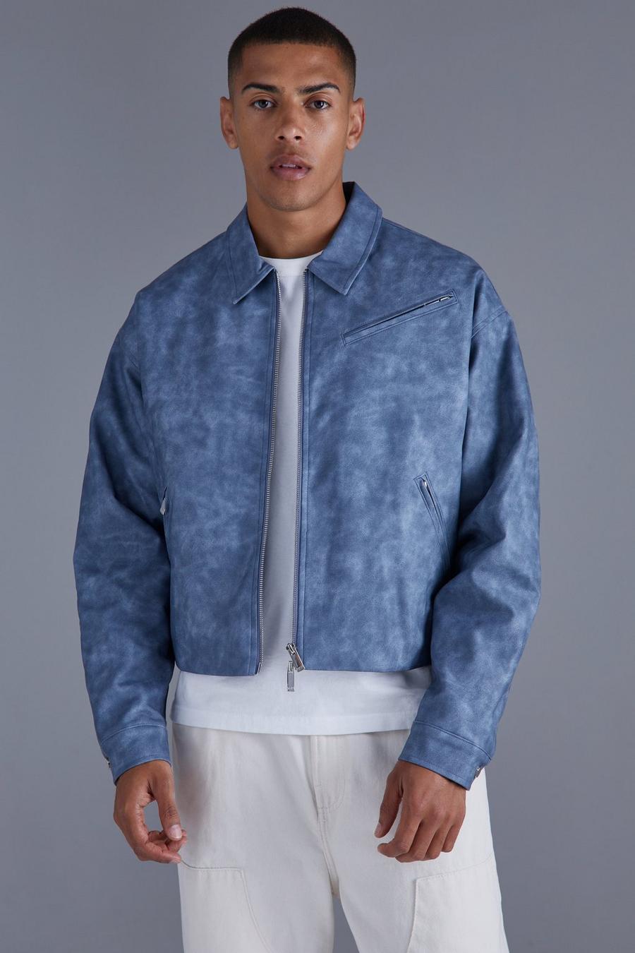 Dusty blue blå Boxy Tumbled Pu Collared Bomber