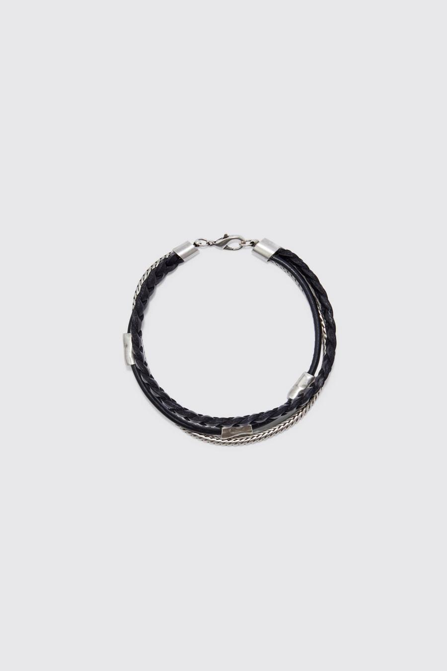 Black Faux Leather Rope And Chain Detail Bracelets