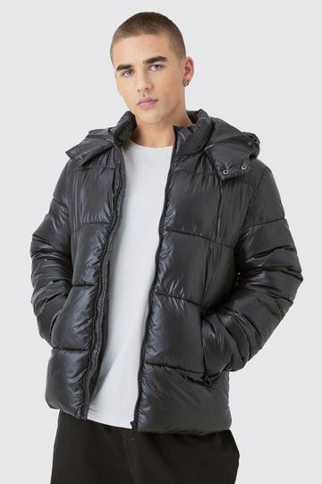 Hooded High Shine Puffer Jacket in Black black