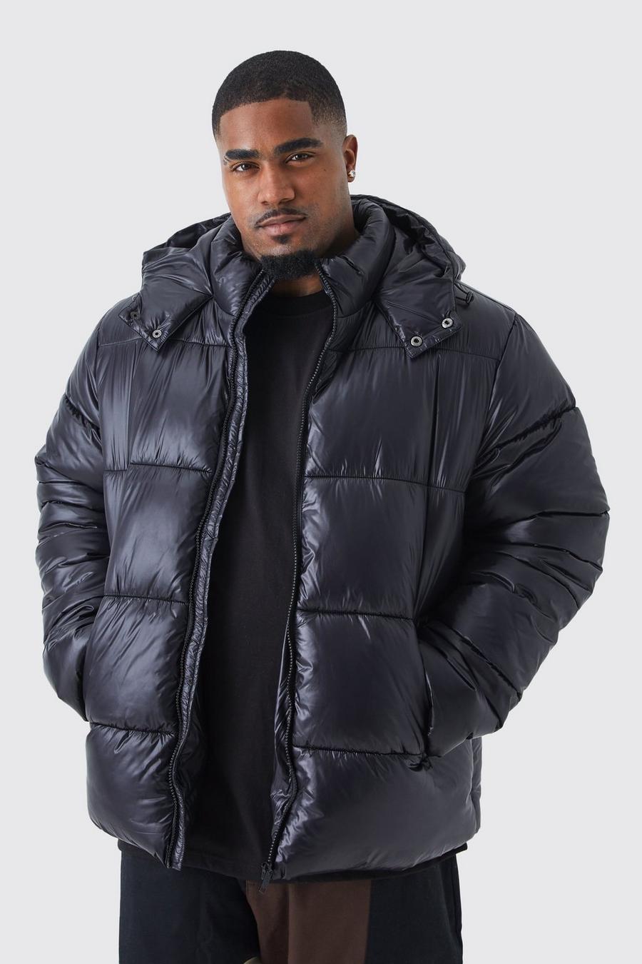 Men's Plus Hooded High Shine Puffer Jacket in Black | Boohoo UK