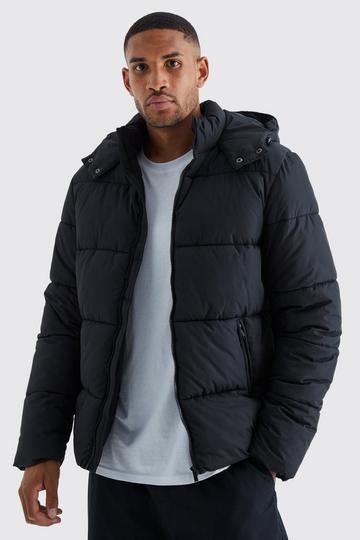 Black Tall Hooded Matte Puffer Jacket in Black