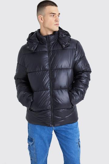 Black Tall Hooded High Shine Puffer Jacket in Black