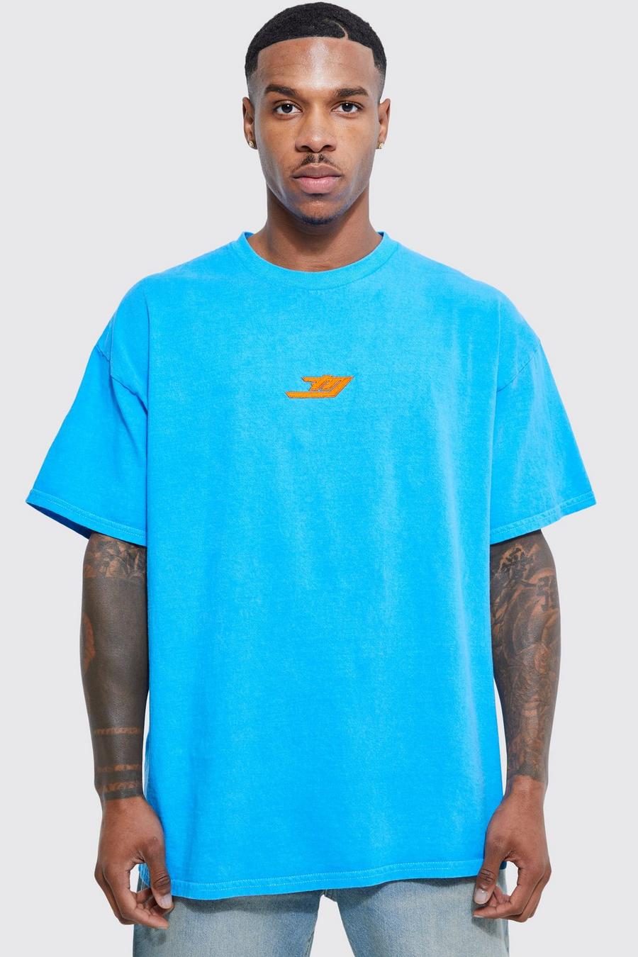 Cobalt blå Oversized Overdyed Extended Neck Man T-shirt