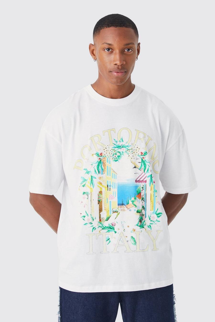 White Oversized Portofino Scenic Print T-shirt