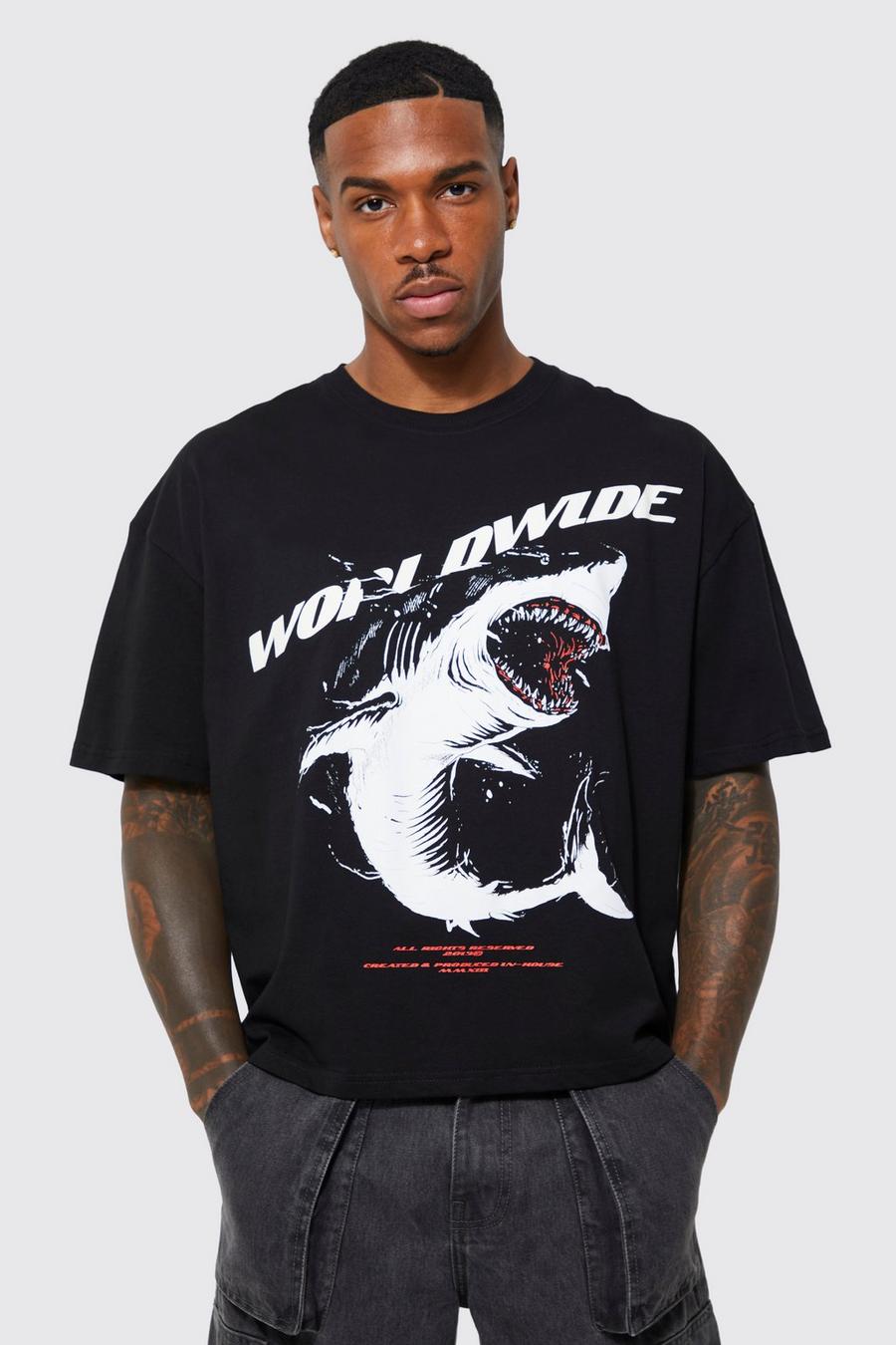 Black Oversized Boxy Shark Graphic T-shirt image number 1