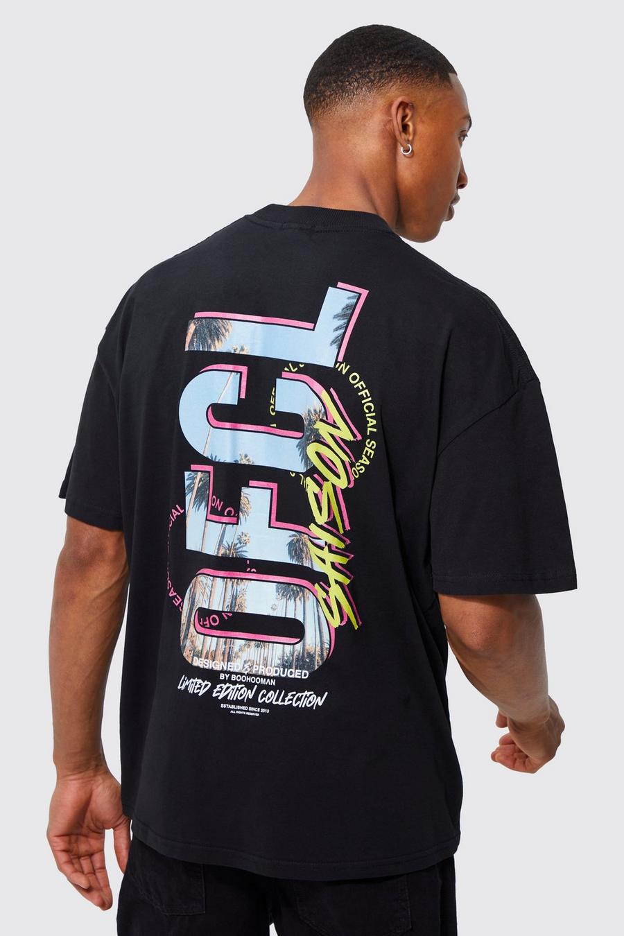 Camiseta oversize con estampado gráfico de ciudad en la espalda, Black image number 1