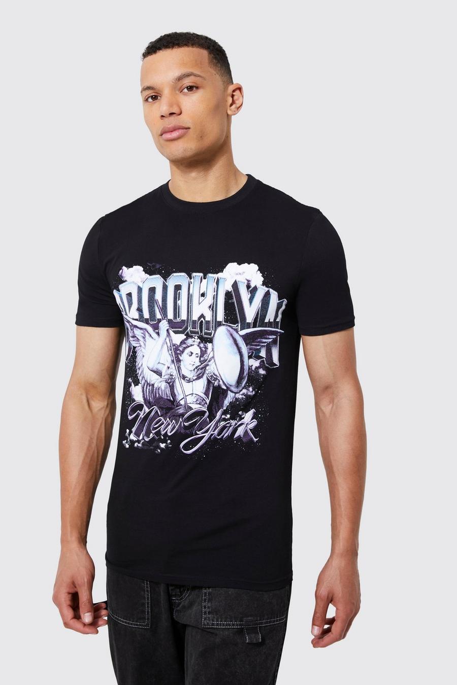 T-shirt Tall attillata con grafica stile Varsity, Black image number 1