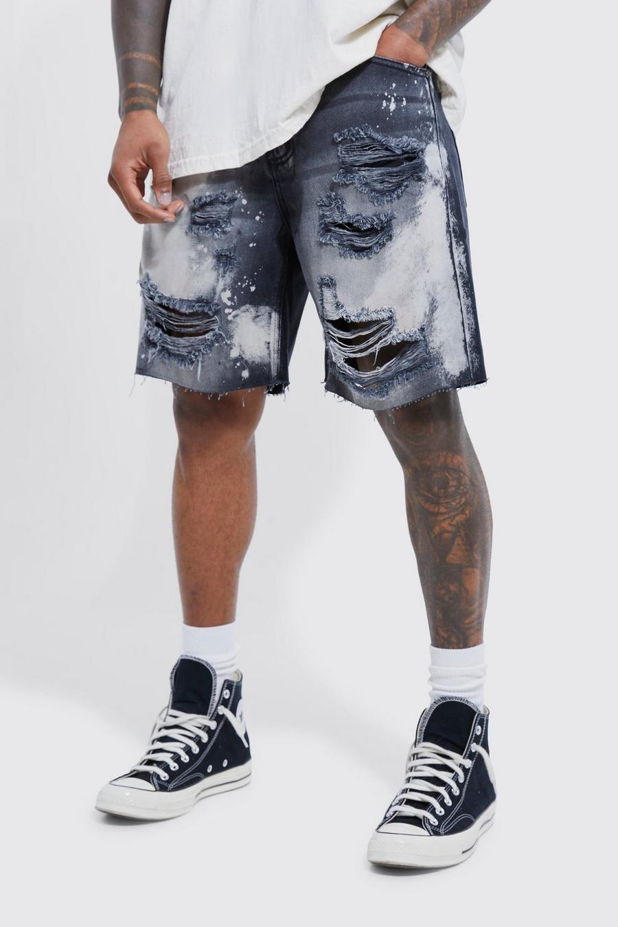 Washed black Relaxed Fit Extreme Rip Bleached Denim Shorts