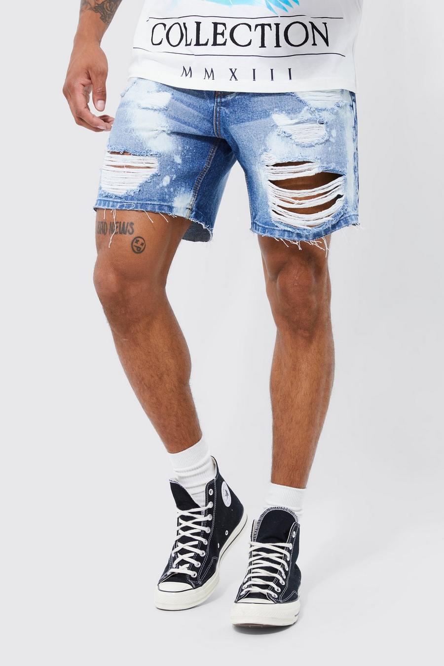 Ice blue Relaxed Fit Extreme Rip Bleached Denim Shorts
