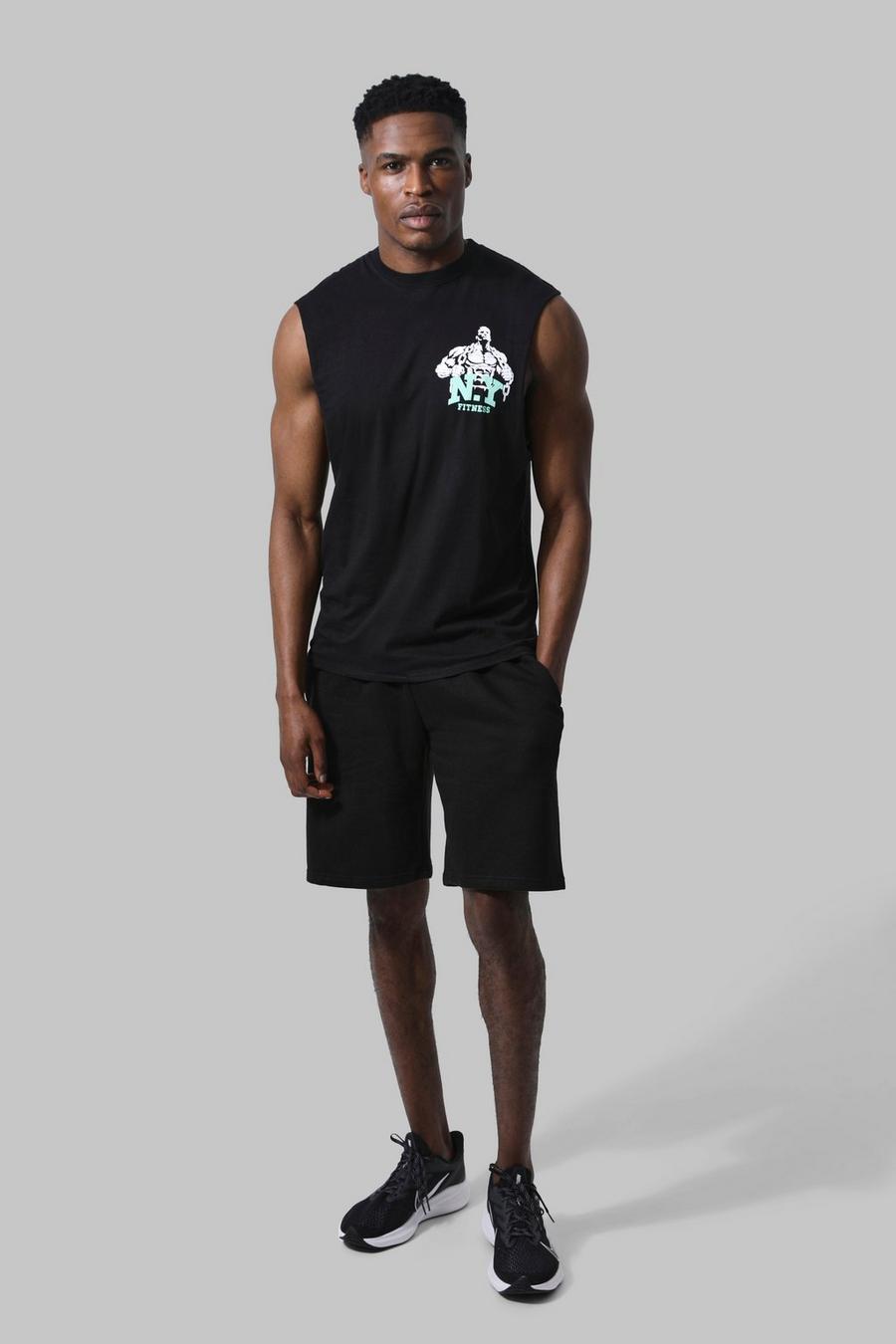 Man Active Oversize Shorts-Set mit Ny Fitness Print, Black